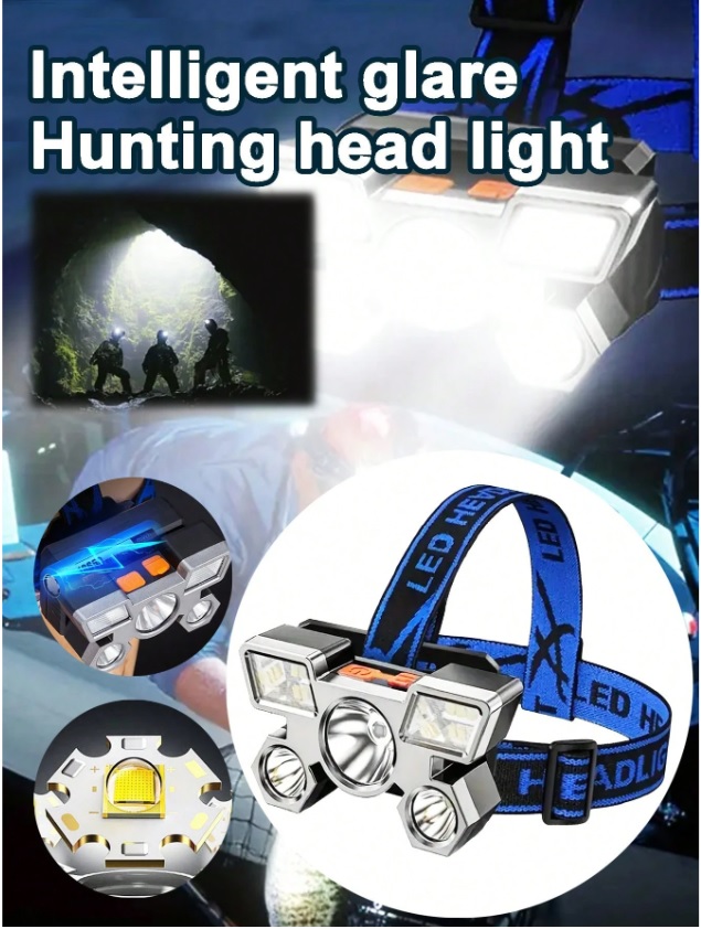 1PC 5 LED Headlamp Rechargeable Strong Light Headlight Camping Adventure Fishing Head Light Flashlight，1PC Waterproof Rechargeable Headlamp With 5 Ultra-Bright LED Lights, 4 Lighting Modes, Built-In 18650 Lithium Battery, Strong Light Flashlight For Fishing, Night Riding, Long-Range Ultra-Bright LED Mining Flashlight For Home Use, Adjustable Head Circumference, Very Suitable Camping, Hiking And Fishing