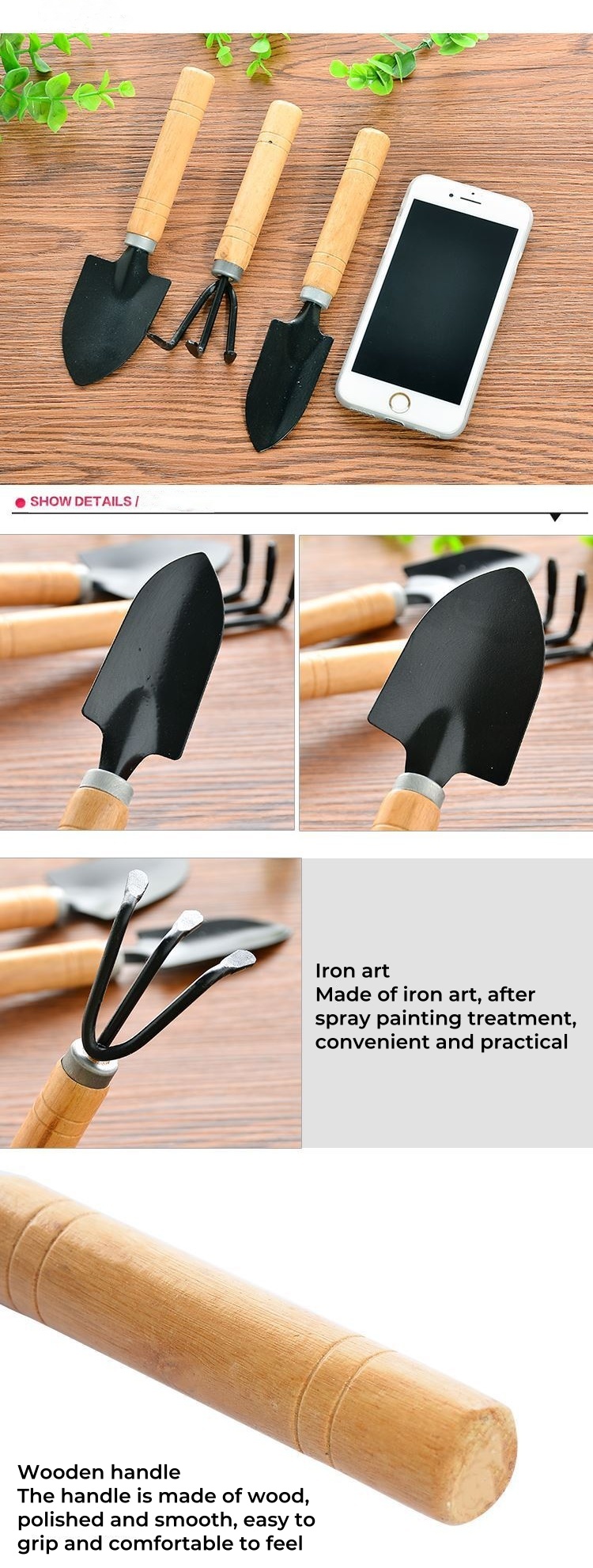 3pcs/set Mini Gardening Tools With Wood Handles, Children Garden Shovel Suitable For Potting/transplanting/loosening Soil/weeding/flower Planting