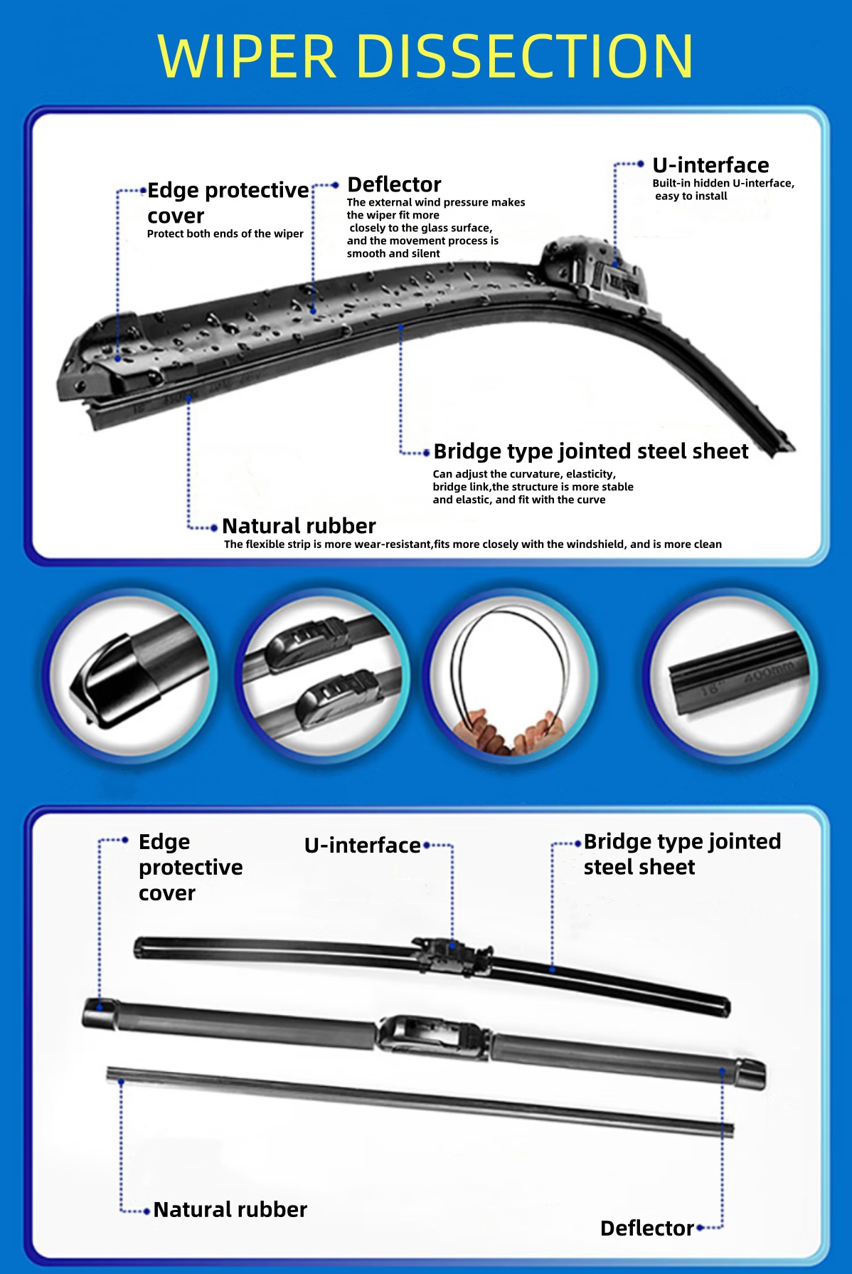 CARALL S850 Boneless Wiper Universal Lucas Wiper  14" 16" 18" 19" 20" 21" 22" 24" 26"28",Car Windshield Wiper Blades U-Type Universal Soft Rubber Frameless Bracketless Car Wipers