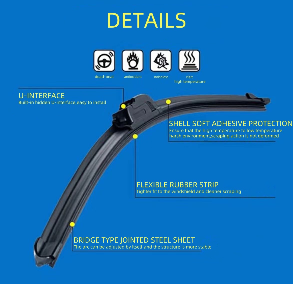 CARALL S850 Boneless Wiper Universal Lucas Wiper  14" 16" 18" 19" 20" 21" 22" 24" 26"28",Car Windshield Wiper Blades U-Type Universal Soft Rubber Frameless Bracketless Car Wipers