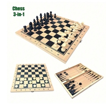 1set Three-In-One Wooden Chess Set, Including Solid Wood Chess Pieces And Folding &amp; Portable Game Board, Intellectual Toy,Adult Party Games Suitable For Halloween/Christmas/Thanksgiving